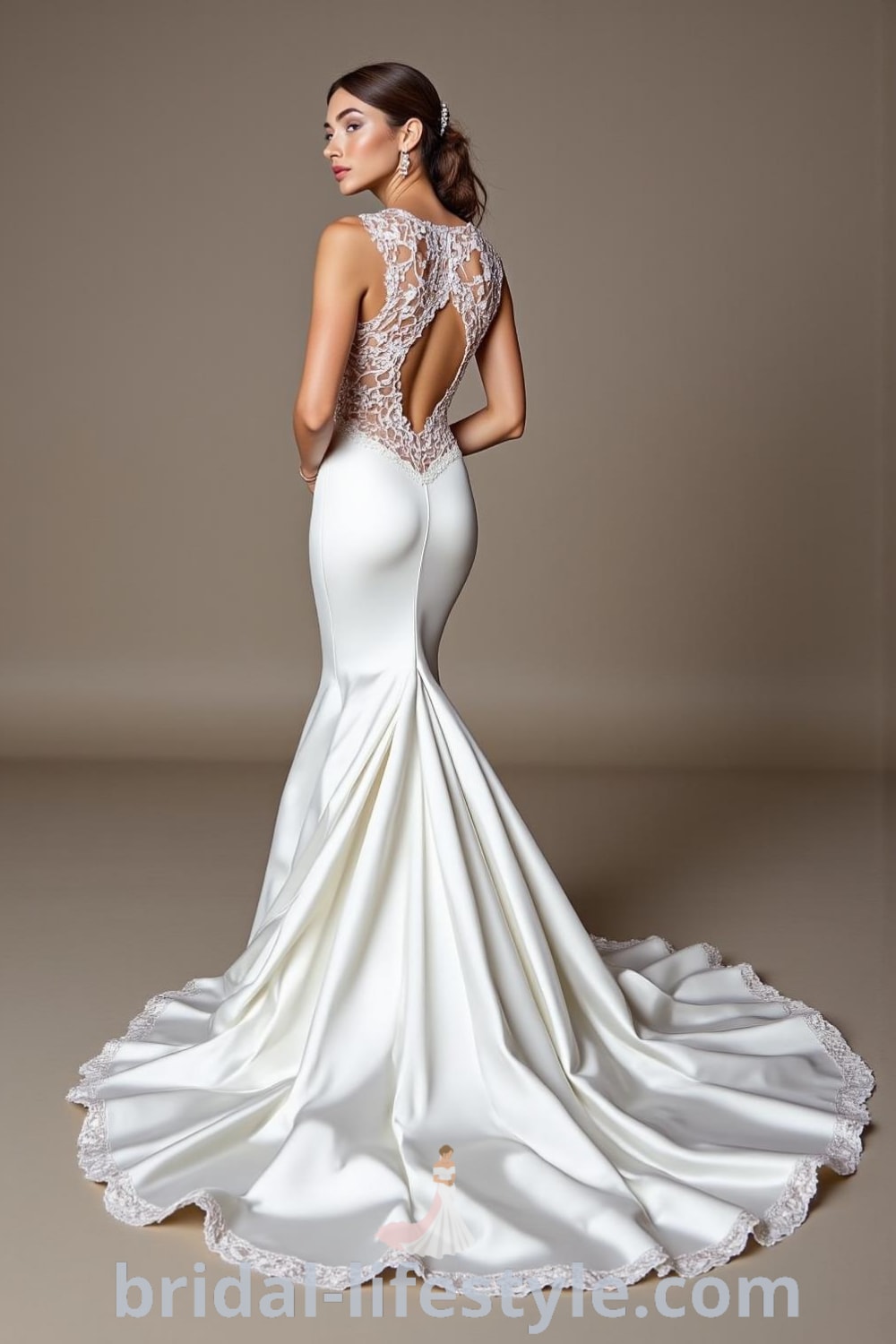 Mermaid wedding dress with open back, lace detailing along the bodice, structured silhouette hugging curves, luxurious satin fabric, and scalloped hem. bridal-lifestyle.com
