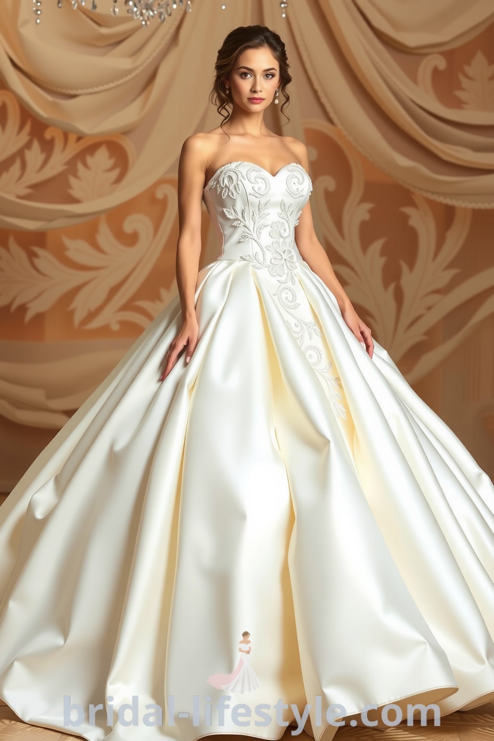 Luxurious princess ballgown with a strapless sweetheart neckline, intricate lace appliqués, voluminous satin skirt, and delicate pearl and crystal embellishments, perfect for dreamy brides. bridal-lifestyle.com