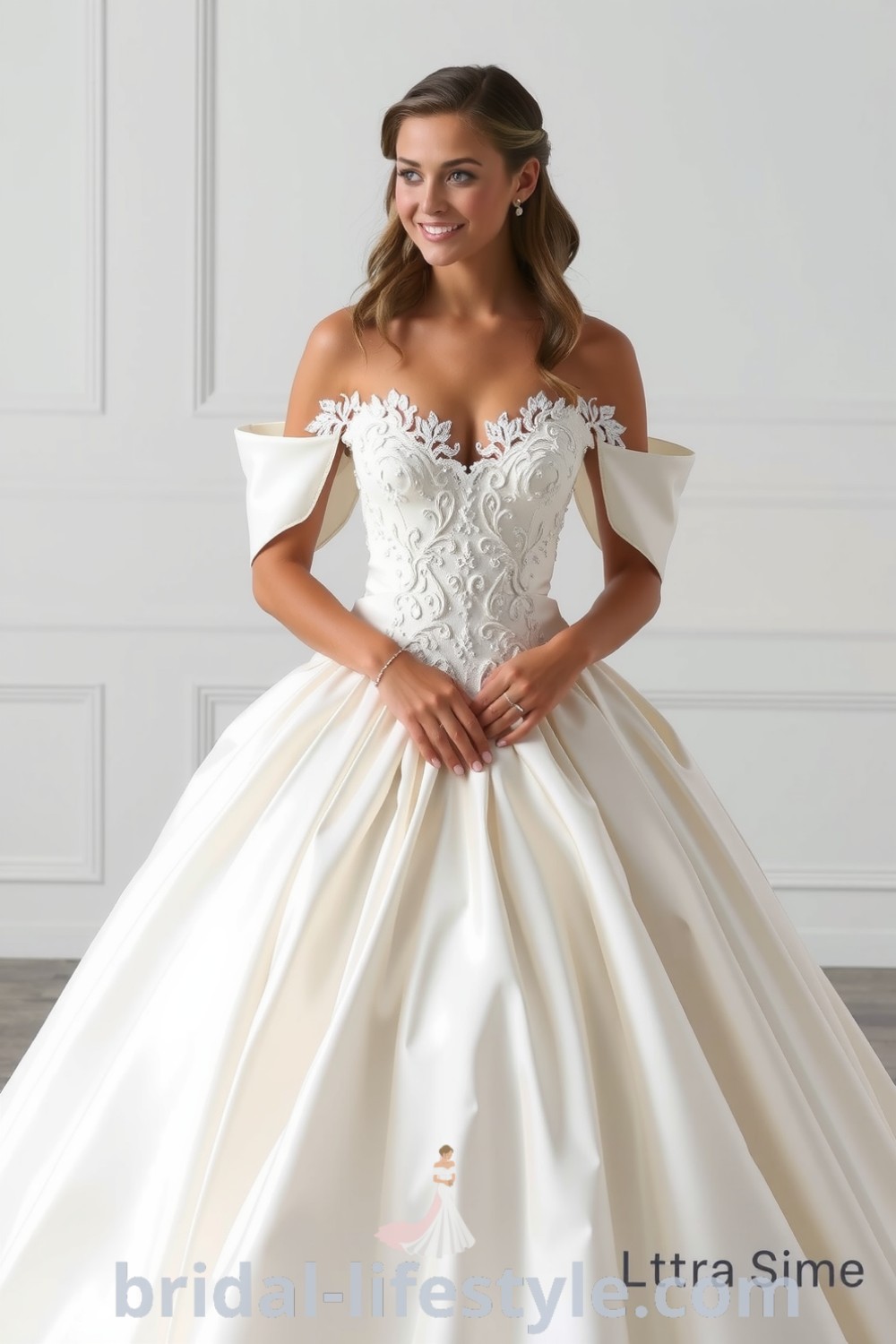 Elegant princess ballgown with luxurious satin layers, intricately adorned bodice featuring lace appliqués and beadwork, softly structured sleeves, and a timeless silhouette. bridal-lifestyle.com