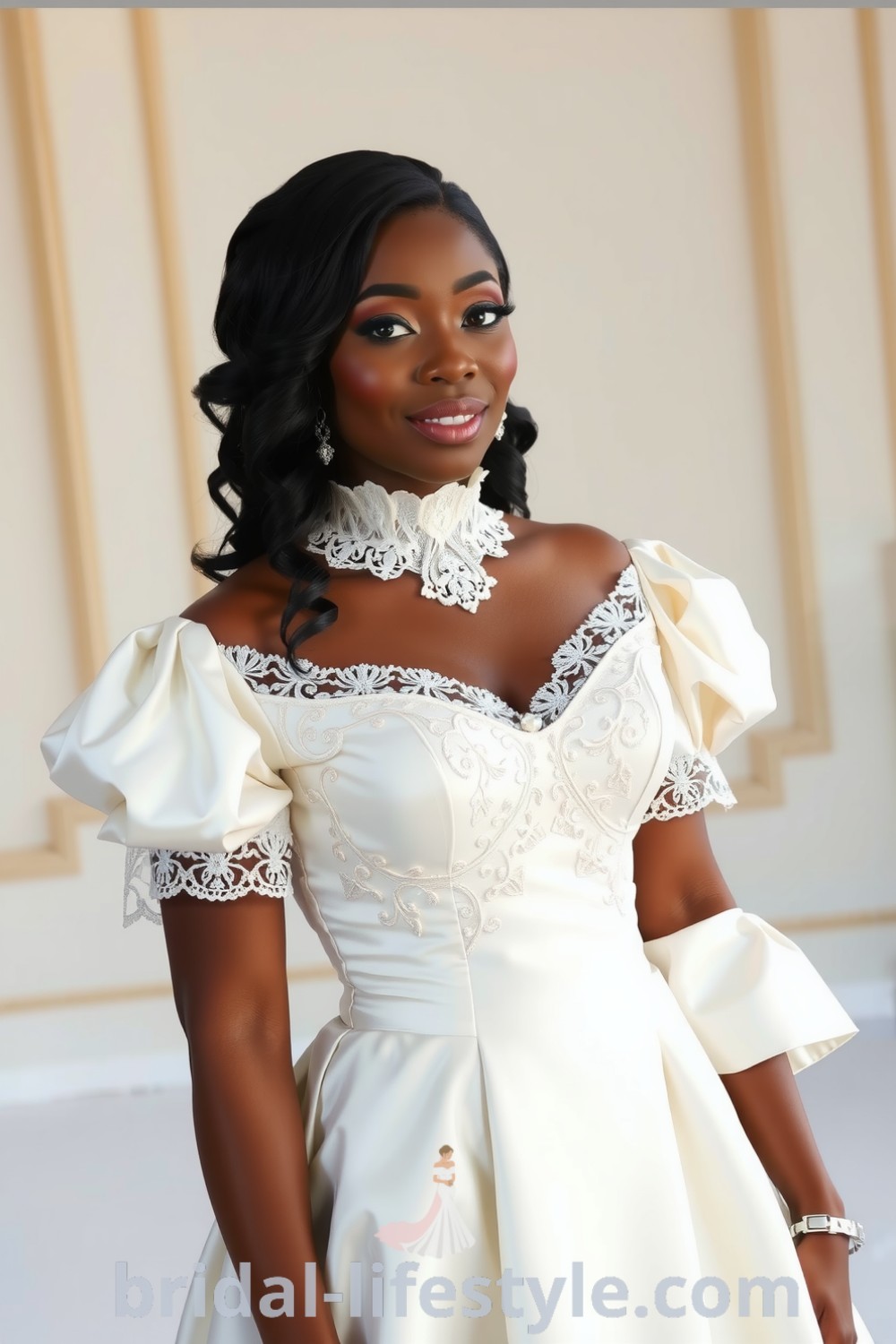 Vintage Victorian wedding dress in soft ivory satin with lace overlays and pearl embellishments, featuring billowing sleeves and a high lace collar, perfect for romantic ceremonies and inspiring dresses of your dream. bridal-lifestyle.com