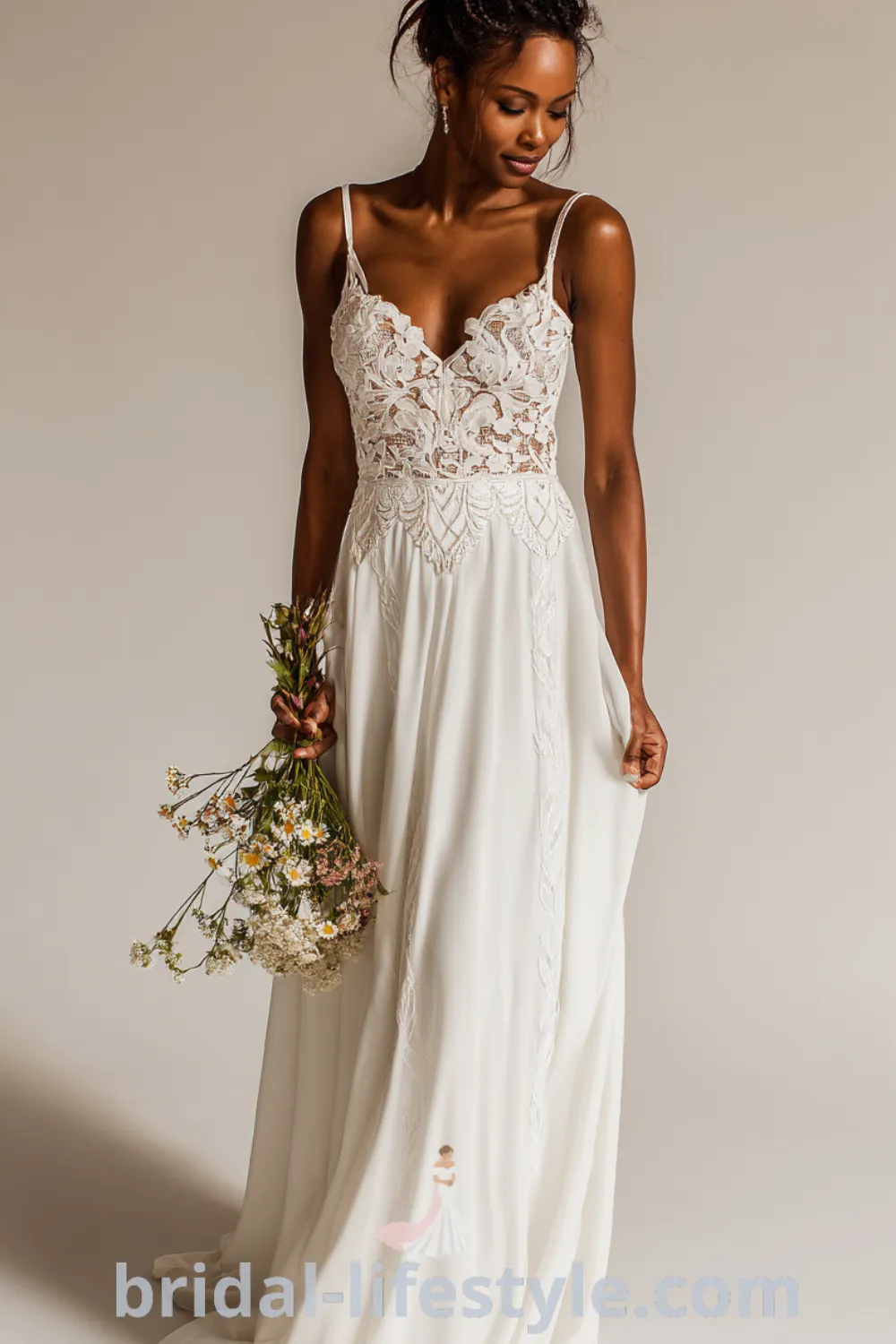 Bohemian floral bridal gown with intricate lace, wildflower bouquet, romantic bohemian mood, vineyard wedding floral elegance.