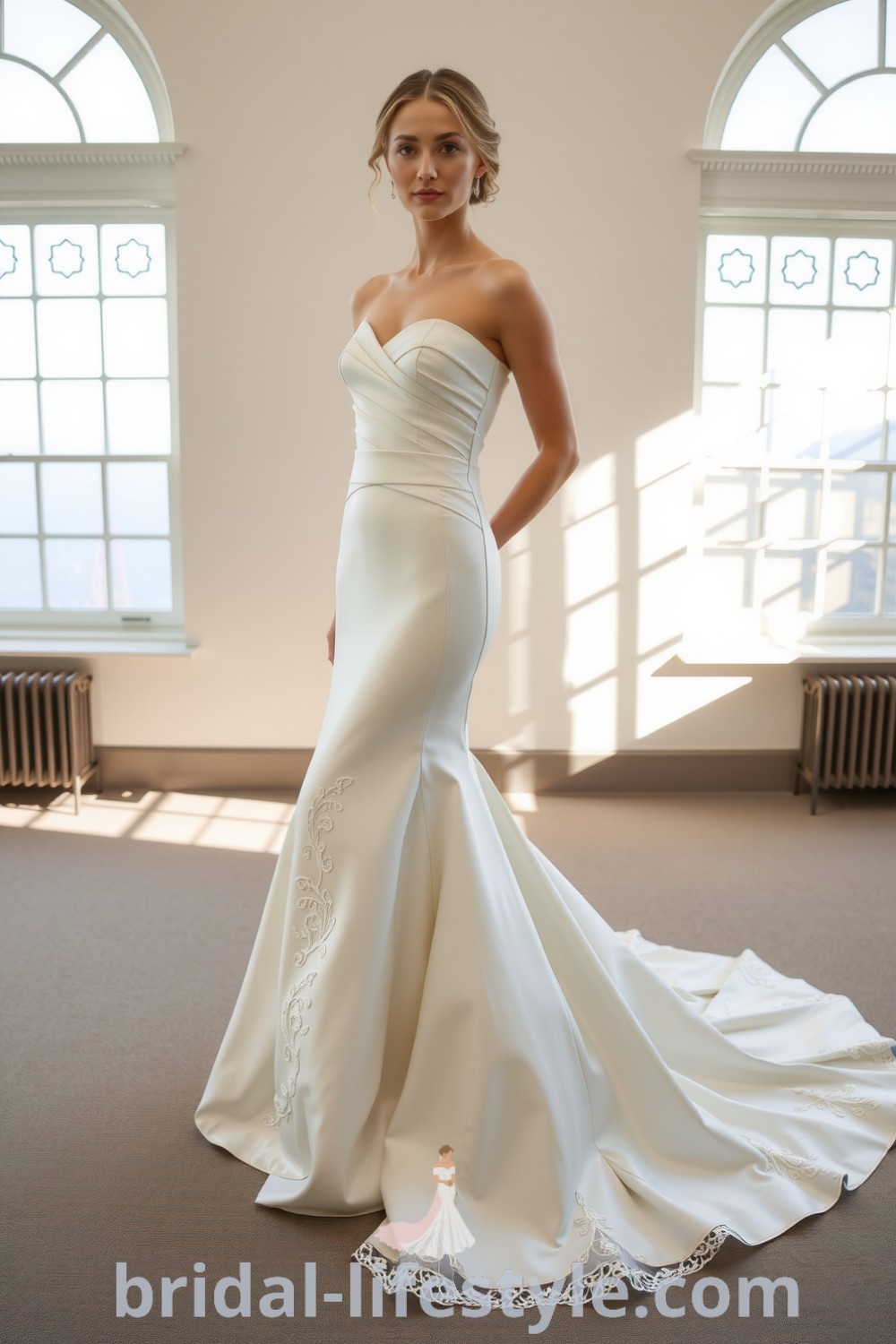 Mermaid wedding dress with a satin bodice and detachable lace skirt, showcasing intricate detailing and a graceful silhouette, perfect for dreamy brides. bridal-lifestyle.com