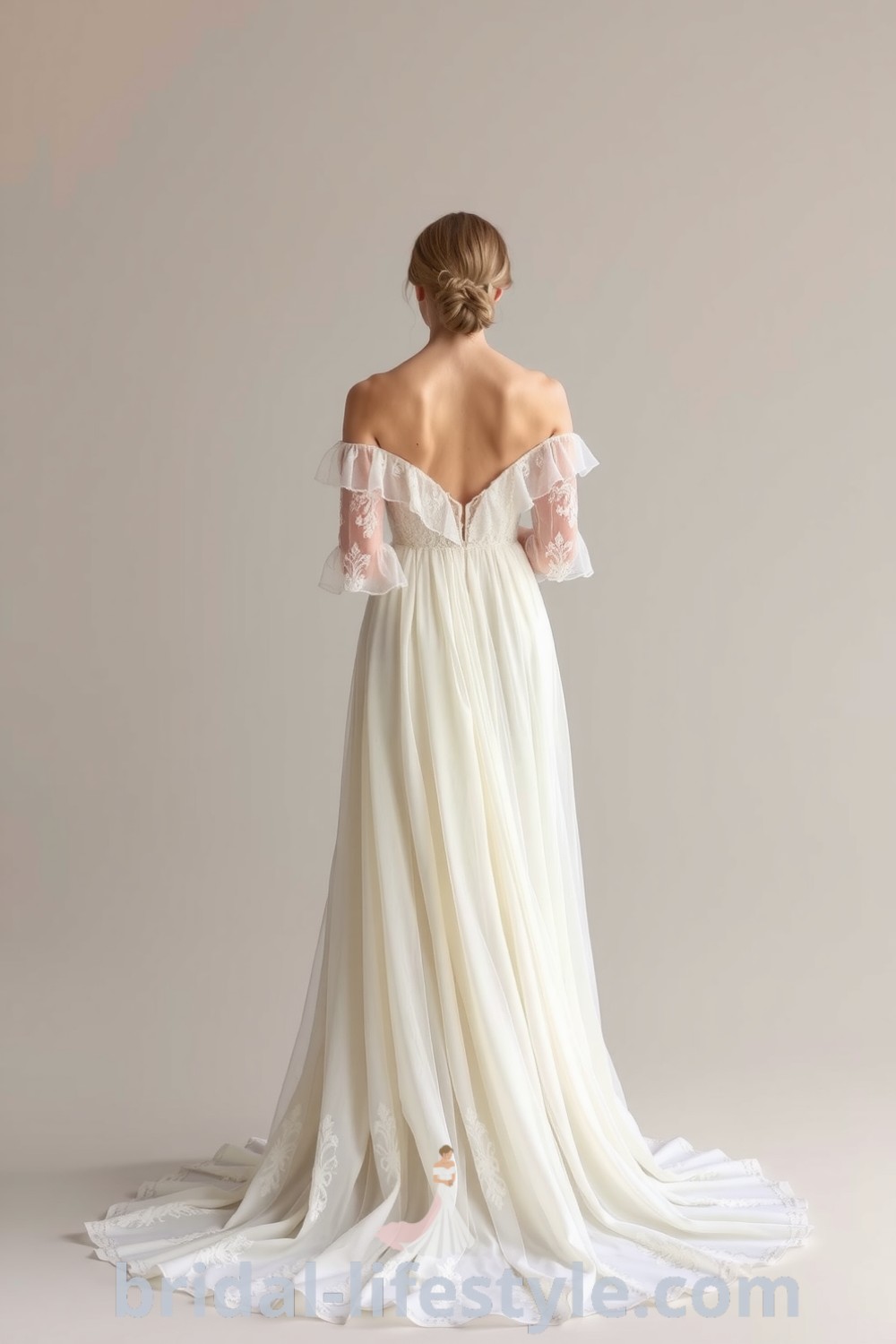 Boho wedding dress featuring airy lace, off-the-shoulder sleeves, a cinched waist, and a flowing skirt, ideal for dreamy brides. bridal-lifestyle.com
