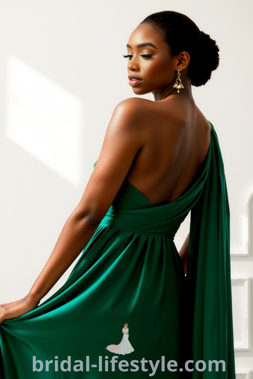 Emerald one-shoulder bridesmaid dress in luxurious satin with a cascading silhouette and delicate pleating, designed for elegance and vibrant appeal. bridal-lifestyle.com