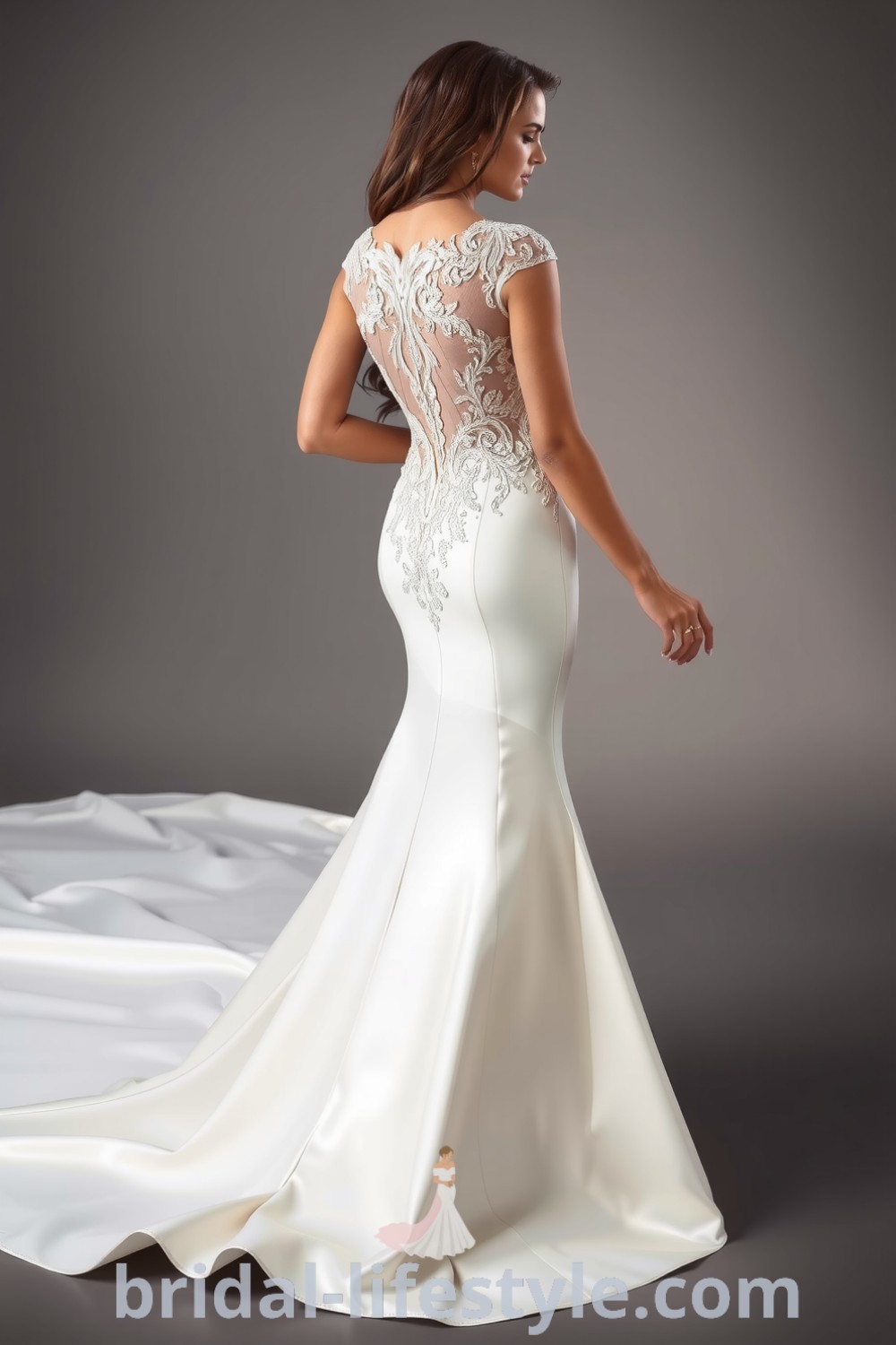 Elegant mermaid wedding dress made of luxurious lace and satin, featuring an open back, delicate embellishments, and a flowing train, showcasing dreamy aesthetic ideas for brides. bridal-lifestyle.com