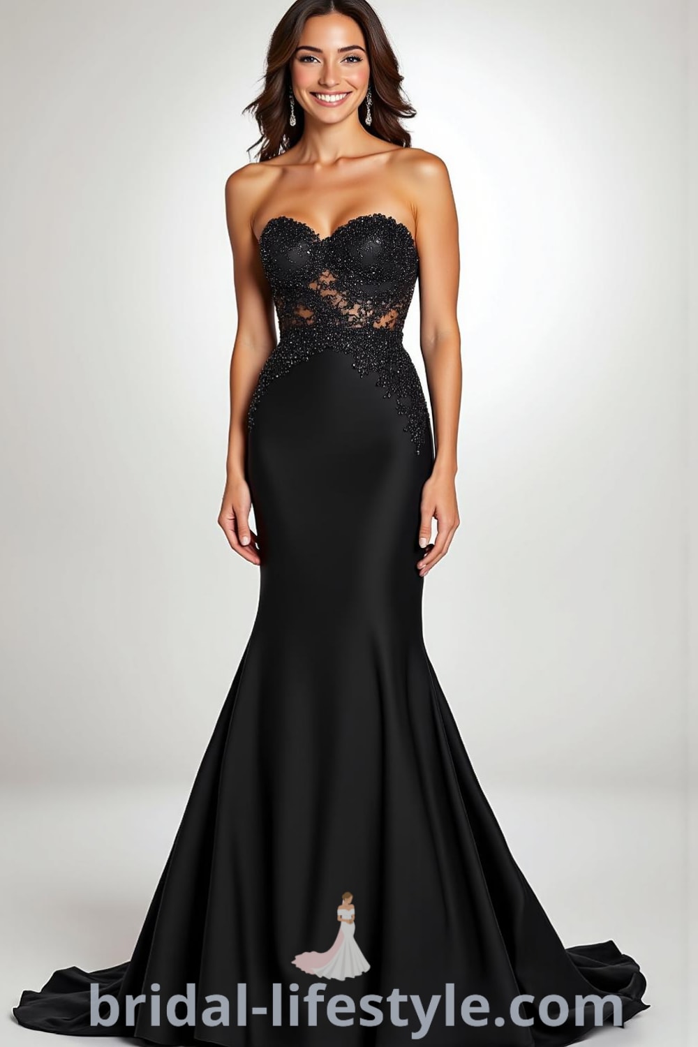 Elegant black satin mermaid wedding dress with lace detailing along the sweetheart neckline and fishnet-inspired cutouts, featuring a dramatic train. pinshoesoutfits.com