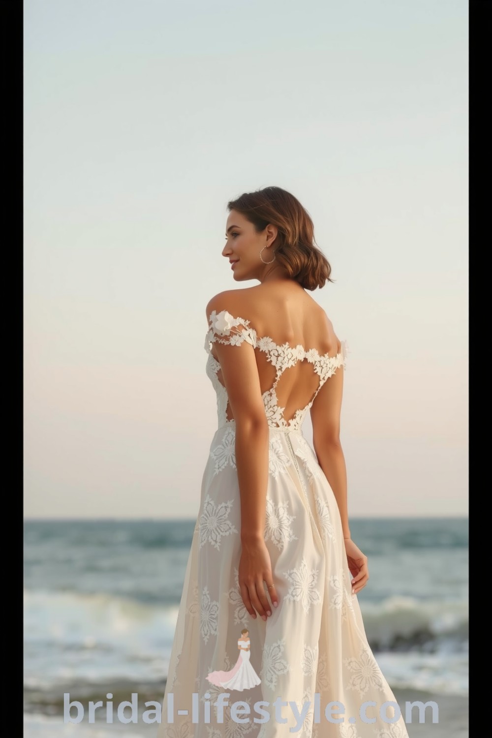Elegant boho beach wedding dress with flowing lace silhouette, intricate floral patterns, and off-the-shoulder sleeves, ideal for dreamy brides seeking inspiration for their special day. bridal-lifestyle.com