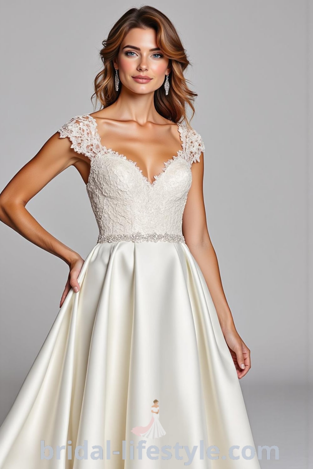 A-line wedding dress in luxurious satin with a V-neckline, adorned with lace appliqués on the bodice, and a flowing skirt. The delicate sash accentuates the waist. bridal-lifestyle.com