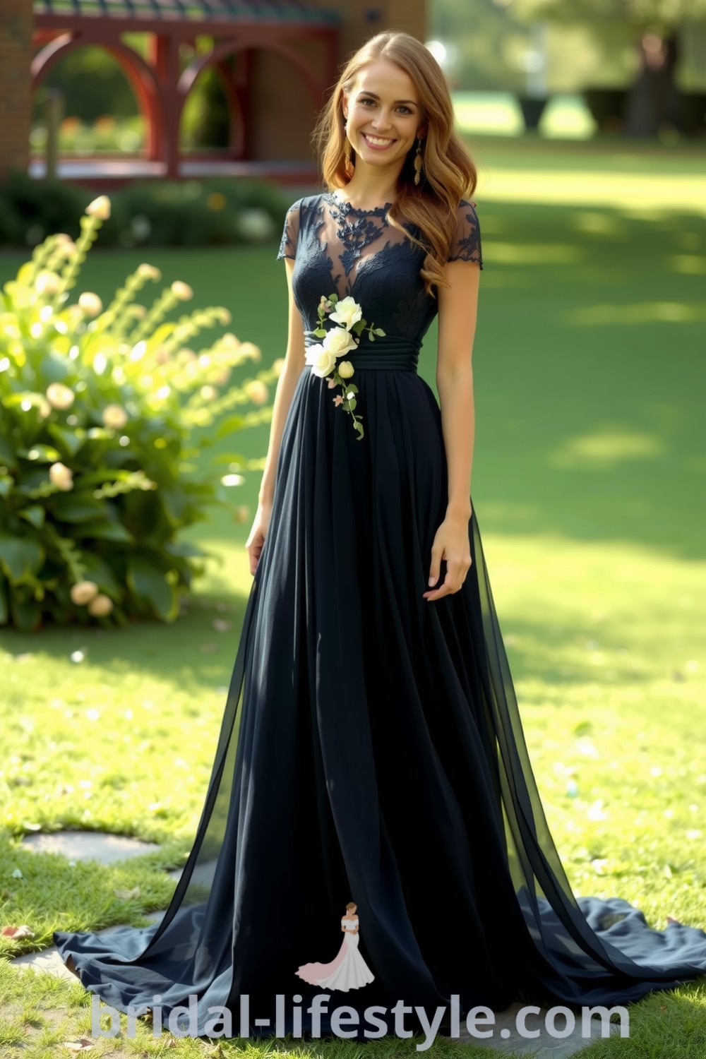 A bride wearing an elegant black boho wedding dress made of chiffon and lace, featuring floral appliqués and a flowing skirt, set against a romantic outdoor background. bridal-lifestyle.com
