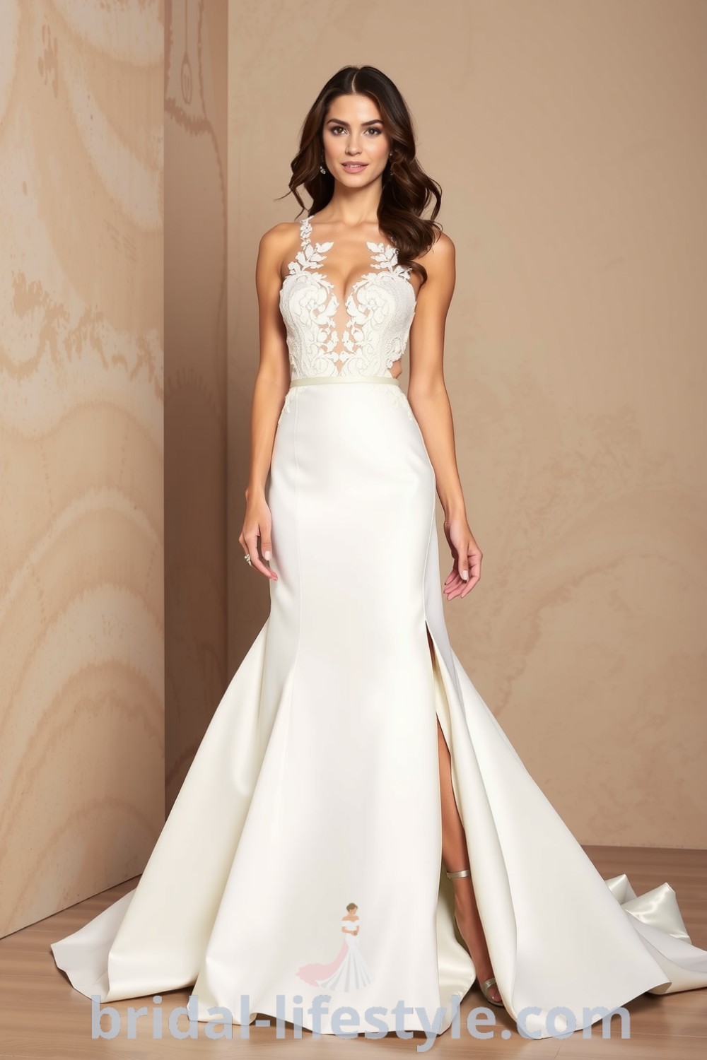 Fit and flare wedding dress with intricate lace appliqués, luxurious satin fabric, dramatic skirt, and thigh-high slit, perfect for a sophisticated celebration. bridal-lifestyle.com