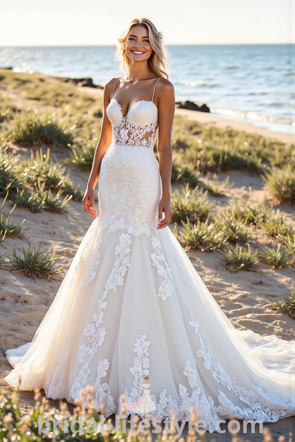 Mermaid wedding dress with satin fabric, intricate lace detailing, sweetheart neckline, cascading train, and subtle sequins, featuring a hidden zipper and lace buttons. bridal-lifestyle.com