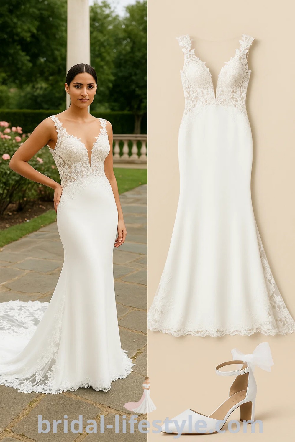 Stunning Mermaid Simple (Satin) wedding dress in white, featuring a fitted silhouette with flared bottom, paired with elegant ankle strap heels with bow detail; perfect for garden weddings and formal events. Explore more at pinshoesoutfits.com.