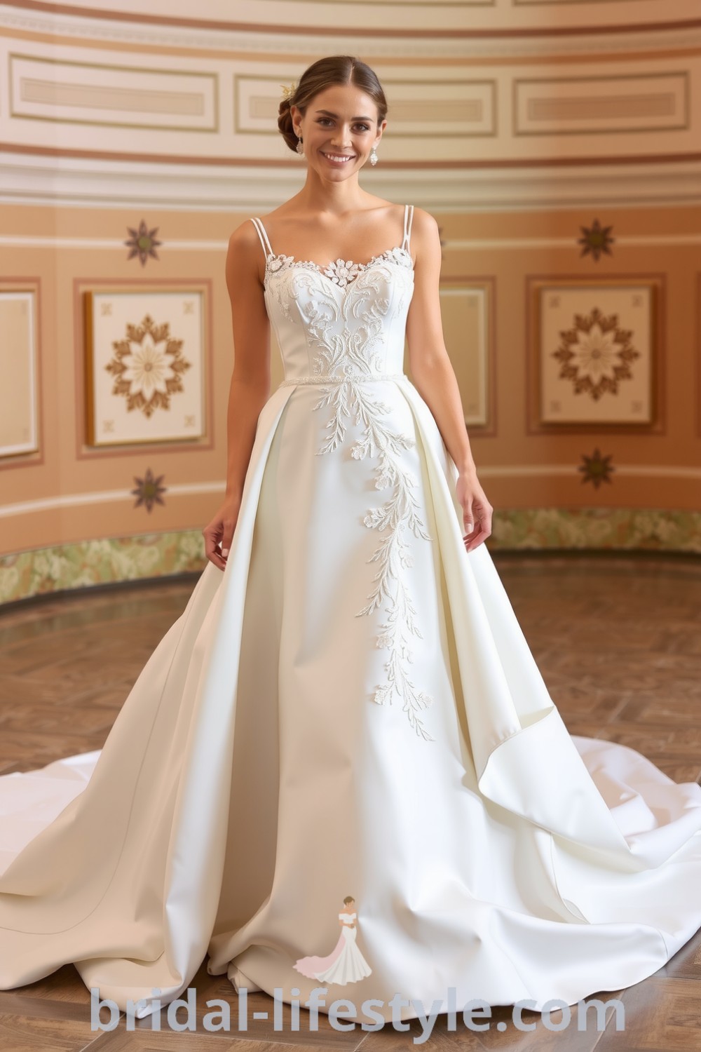 Fit and flare wedding gown with square neckline, plush satin fabric, intricate lace appliqués, combining modern sophistication and classic charm for dreamy brides. bridal-lifestyle.com