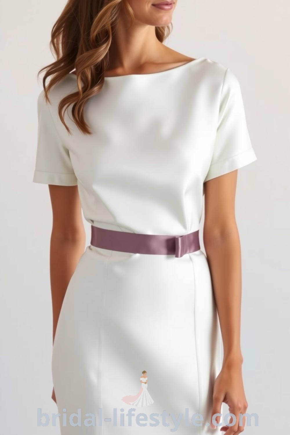 Minimalist short wedding dress made of smooth satin, showcasing a refined silhouette, boat neckline, and delicate waist sash. bridal-lifestyle.com