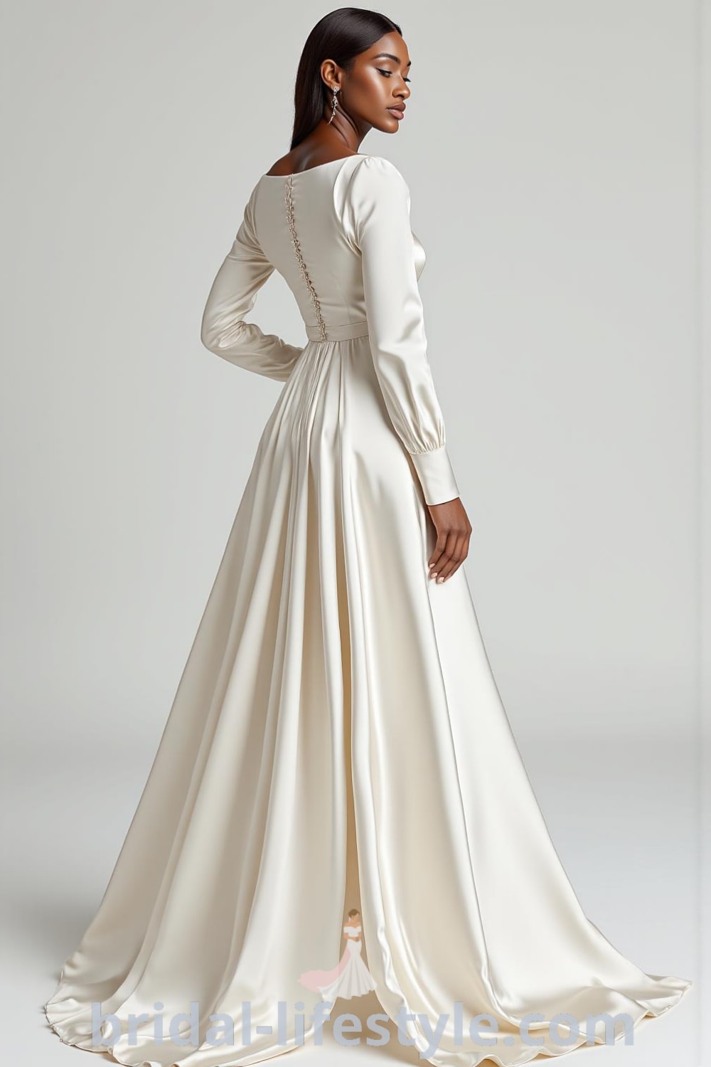 Minimalist satin wedding dress with elegant boat neckline, tailored long sleeves, and subtle back button detail, creating a stunning silhouette. bridal-lifestyle.com