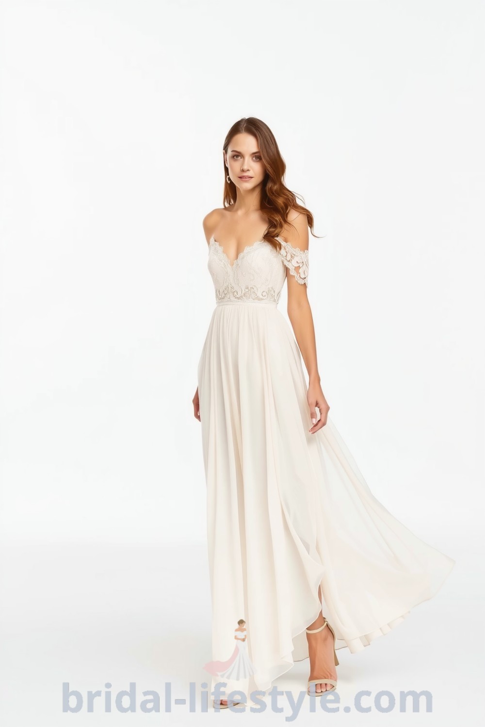 Boho-chic wedding dress with flowing lace design, A-line silhouette, intricate floral embroidery, and off-the-shoulder neckline, ideal for outdoor ceremonies. bridal-lifestyle.com