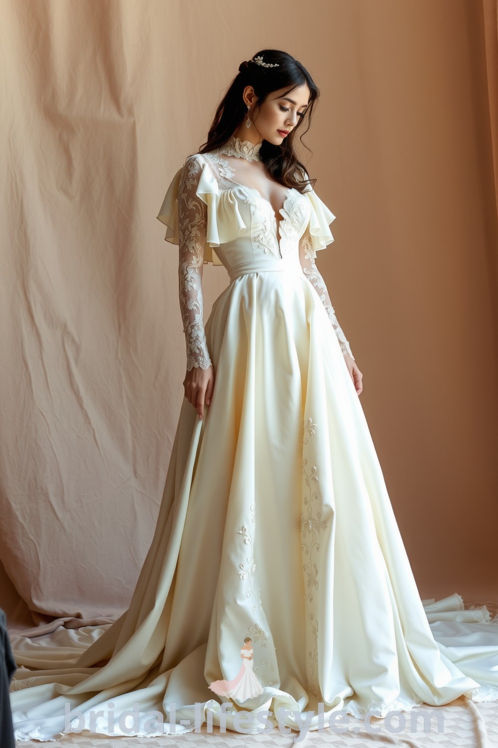 Vintage Victorian wedding dress featuring creamy satin, intricate lace, high neckline, long sleeves, floral embroidery, A-line skirt, and subtle train. bridal-lifestyle.com