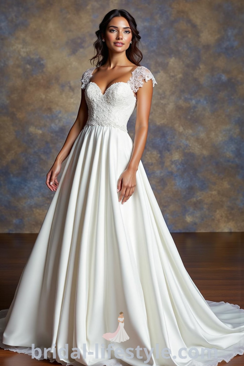 A-line wedding dress with cap sleeves, sweetheart neckline, flowing satin fabric, and intricate lace appliqués. bridal-lifestyle.com