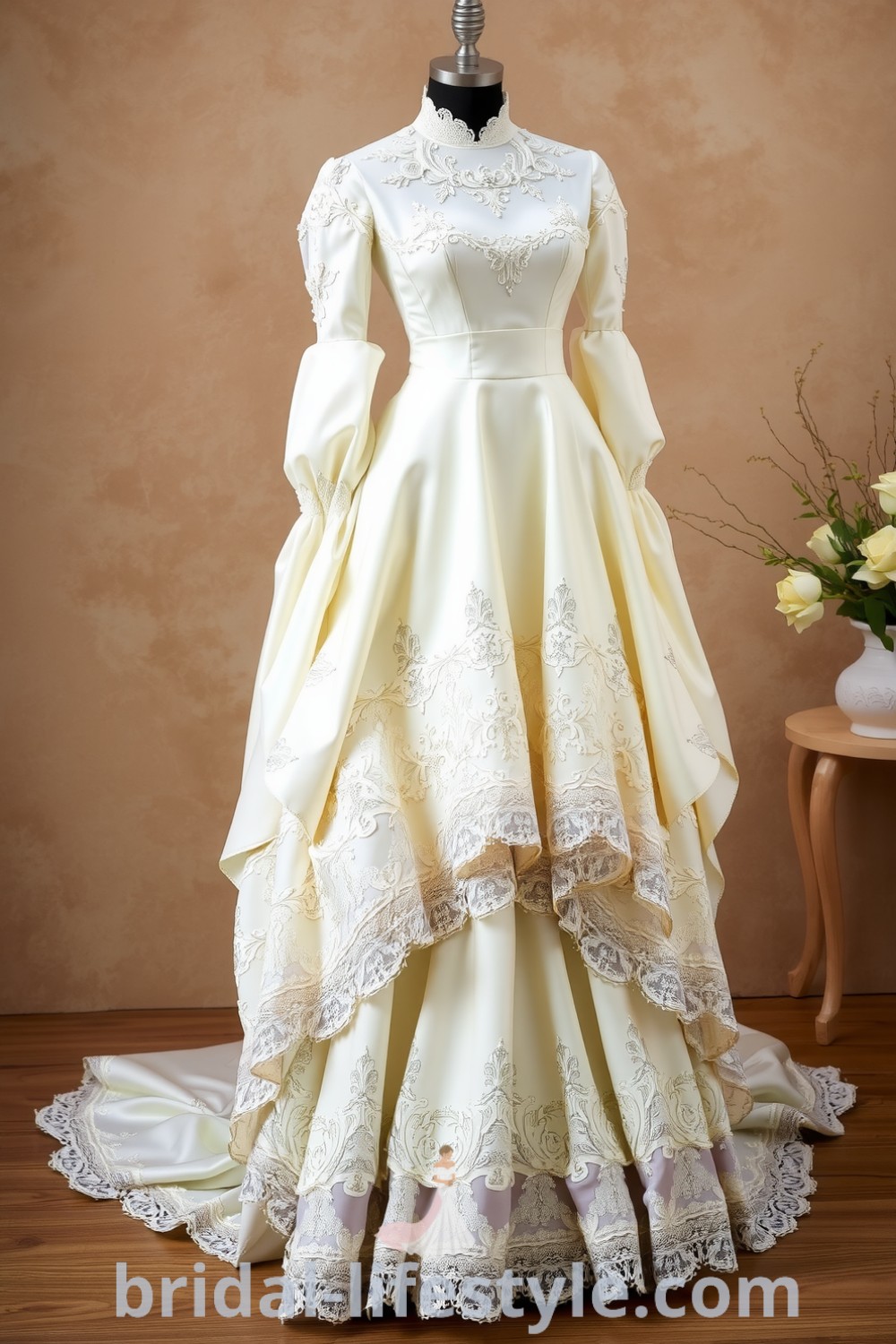 Vintage Victorian wedding dress in ivory satin with lace detailing, high neckline, flowing sleeves, and a tiered skirt, featuring bead embellishments for timeless elegance. bridal-lifestyle.com