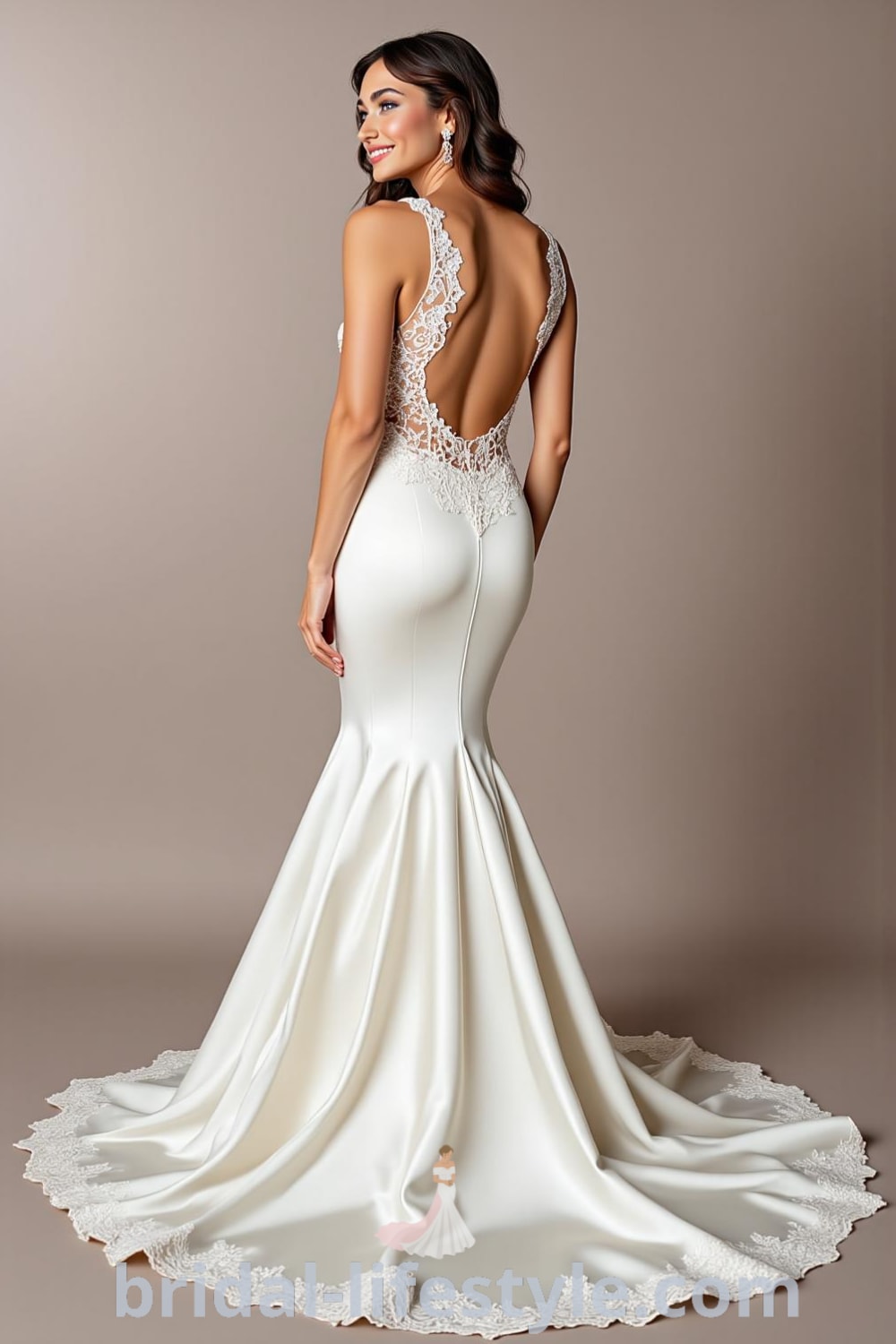 Mermaid wedding dress with fitted lace bodice, gracefully flared skirt, open back with intricate lace detailing, and satin fabric. bridal-lifestyle.com