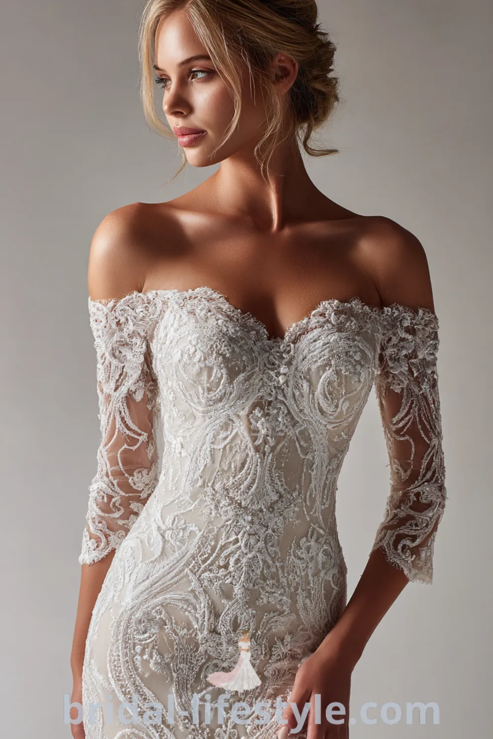Mermaid lace wedding dress with abstract lace designs, fitted lace bridal gown, timeless elegance, romantic lace gown.