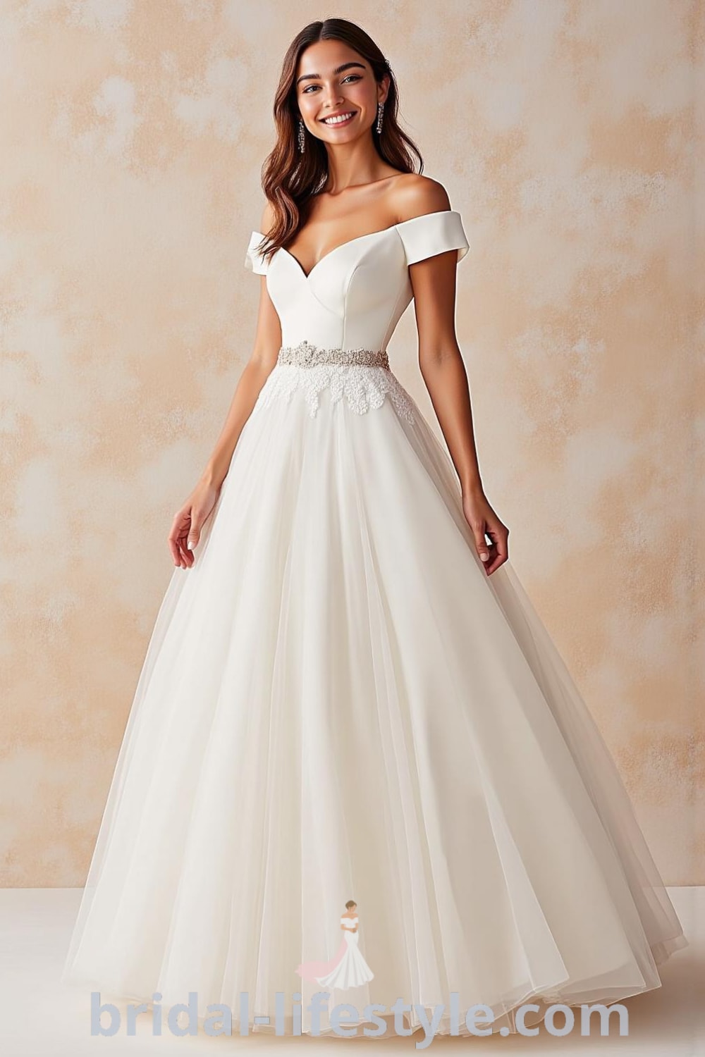 Off-the-shoulder A-line wedding dress with a fitted satin bodice, flowing tulle skirt, delicate sleeves, and intricate lace appliqués at the waist. bridal-lifestyle.com