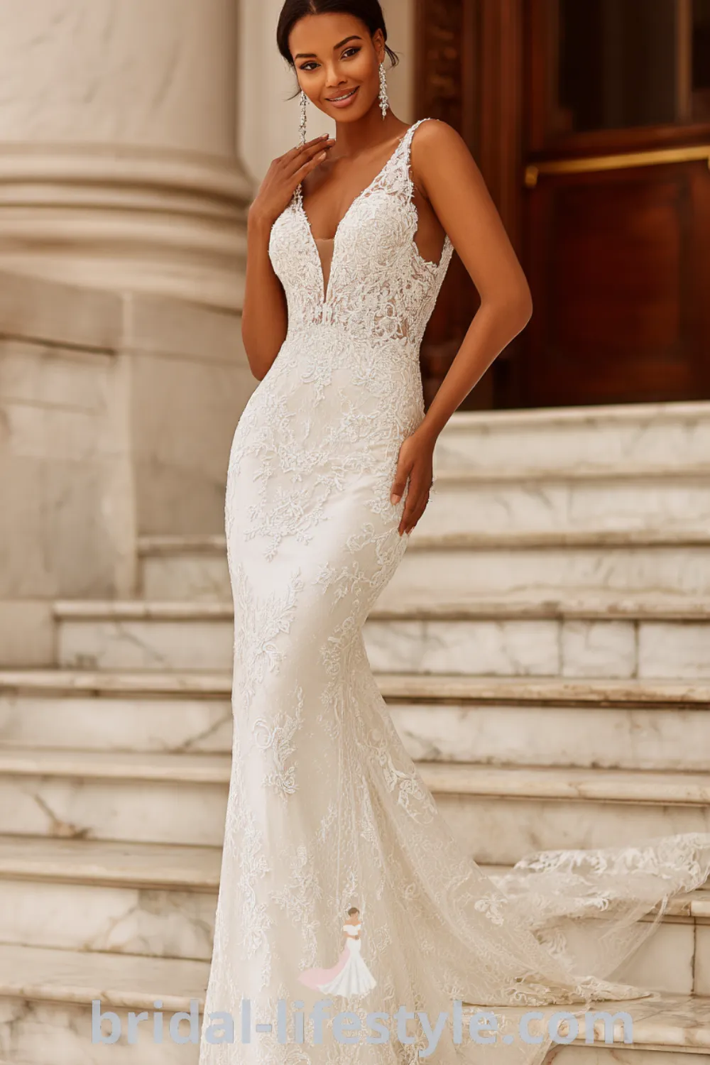 Mermaid lace wedding dress with illusion lace panels, fitted lace bridal gown, glamorous lace mermaid gown, elegant lace mermaid dress.