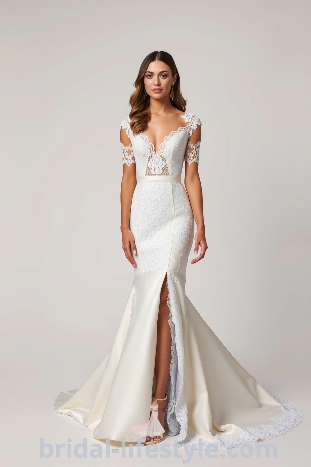 Fit and flare wedding dress featuring exquisite lace overlay, thigh-high slit, and soft satin lining, embodying timeless elegance. bridal-lifestyle.com