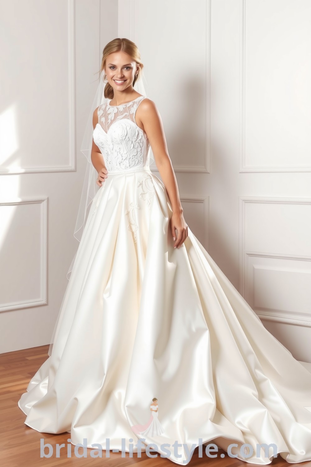 A luxurious princess-style wedding dress with a fitted bodice adorned with lace appliqués, voluminous satin skirt, and shimmering layers of tulle and chiffon, designed for dreamy brides. bridal-lifestyle.com