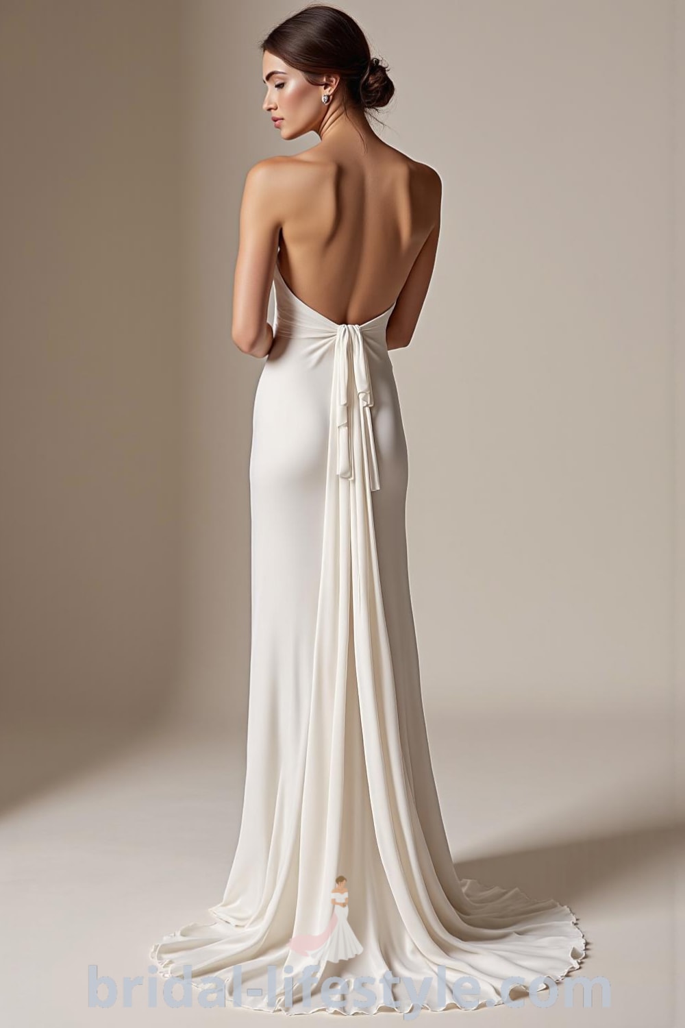Elegant long wedding dress crafted from luxurious crepe fabric, featuring a fitted silhouette, modest bateau neckline, and a deep V-back. bridal-lifestyle.com