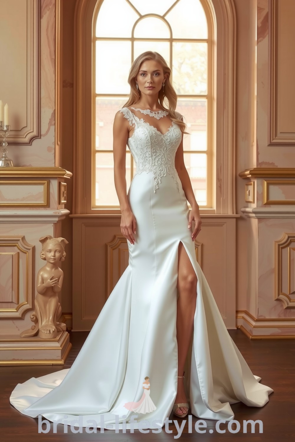 Fit and flare wedding dress with a dramatic slit, crafted from luxurious satin and detailed with intricate lace on the bodice, showcasing an elegant silhouette. bridal-lifestyle.com