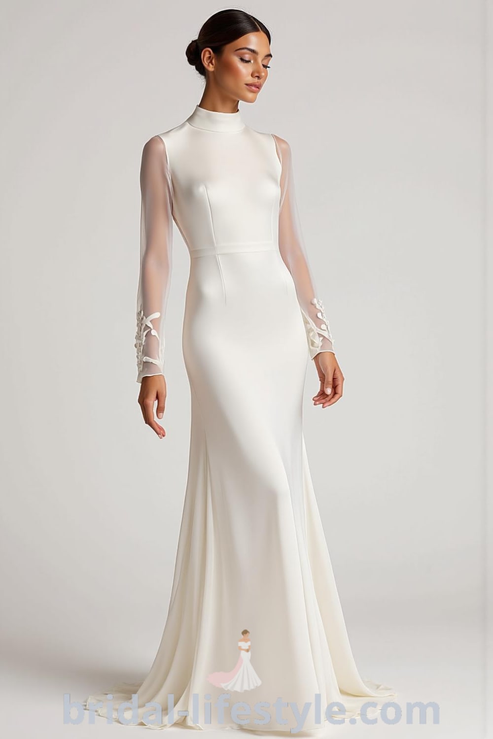 Minimalist long sleeve wedding dress made of luxurious satin, featuring a high neckline, subtle back keyhole, and a fluid silhouette. bridal-lifestyle.com