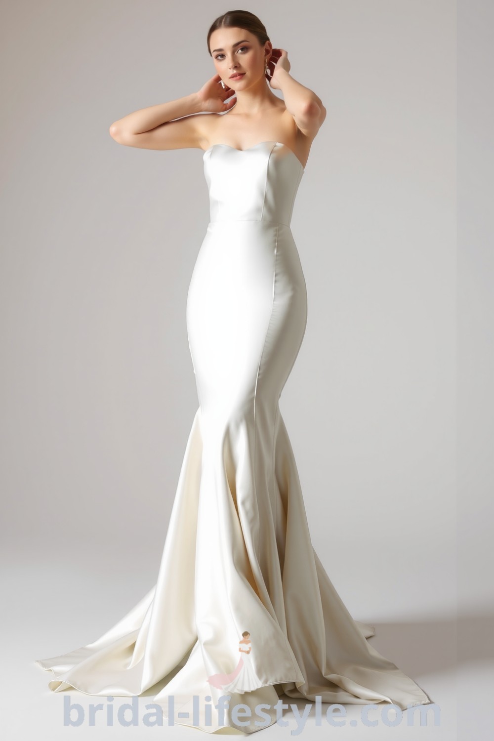 Elegant mermaid wedding dress made of smooth satin with a flared skirt and sweetheart neckline, ideal for dreamy brides seeking inspiration for their special day. bridal-lifestyle.com