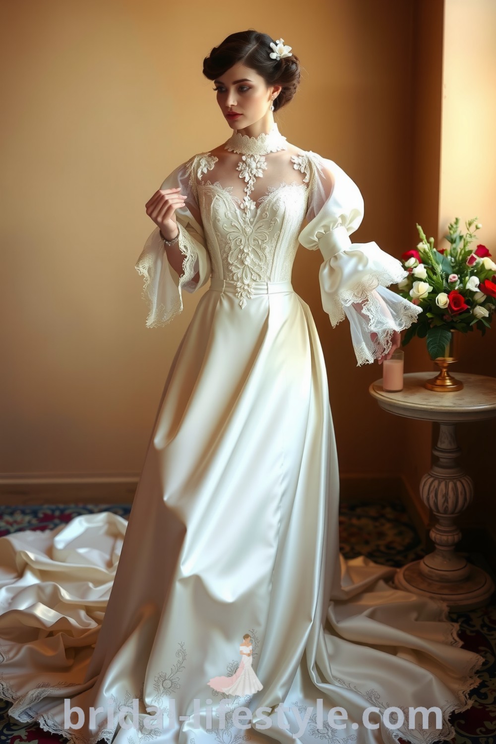 Vintage Victorian wedding dress with satin and lace layers, high neckline with floral appliqués, billowing sleeves, and a flowing train, perfect for dreamy brides seeking elegant styles. bridal-lifestyle.com