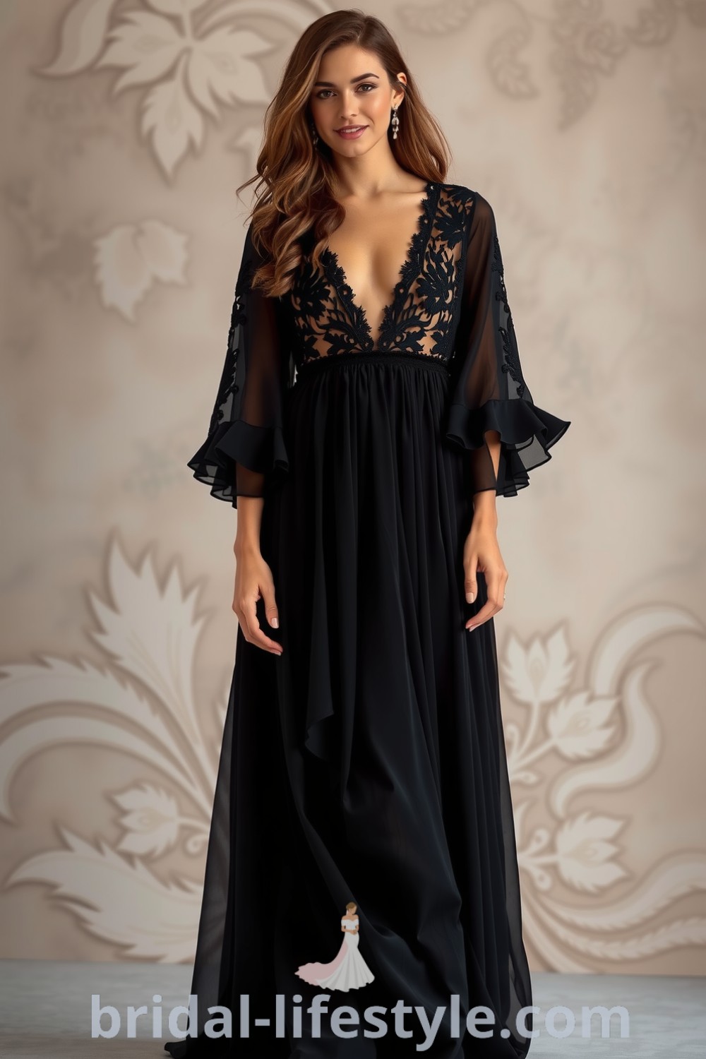 Boho black wedding dress with flowing chiffon, intricate lace, a deep V-neckline, and billowy sleeves, featuring an ethereal silhouette. bridal-lifestyle.com