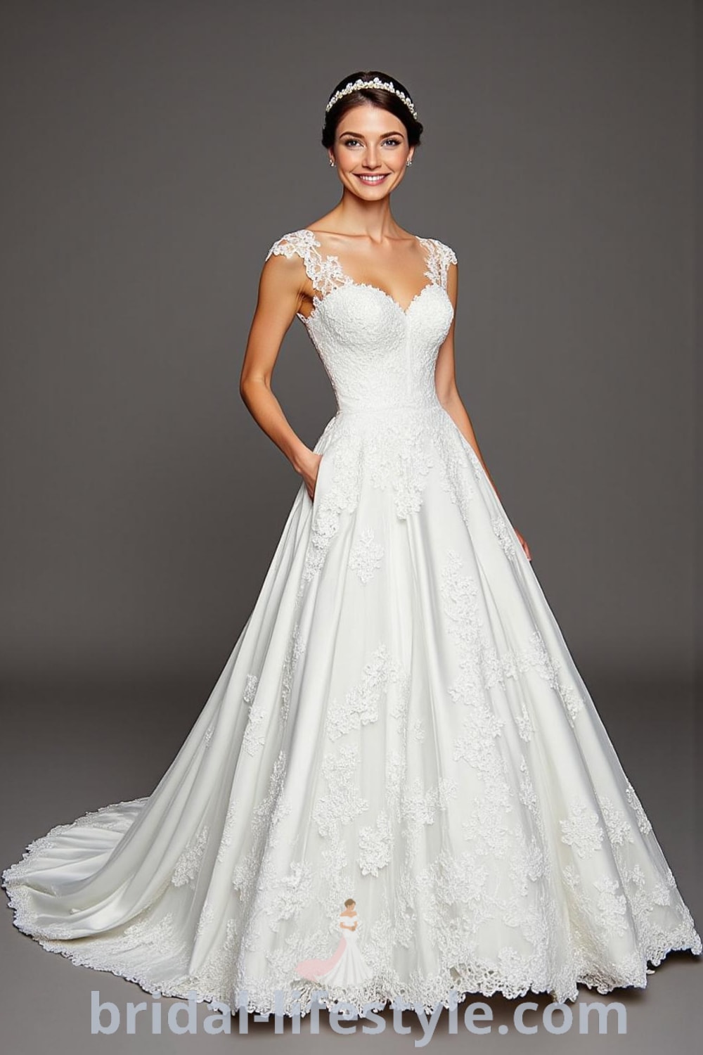 Stunning princess tail wedding dress with a fitted bodice, floral lace appliqués, voluminous satin skirt, illusion sleeves, and sweetheart neckline. bridal-lifestyle.com