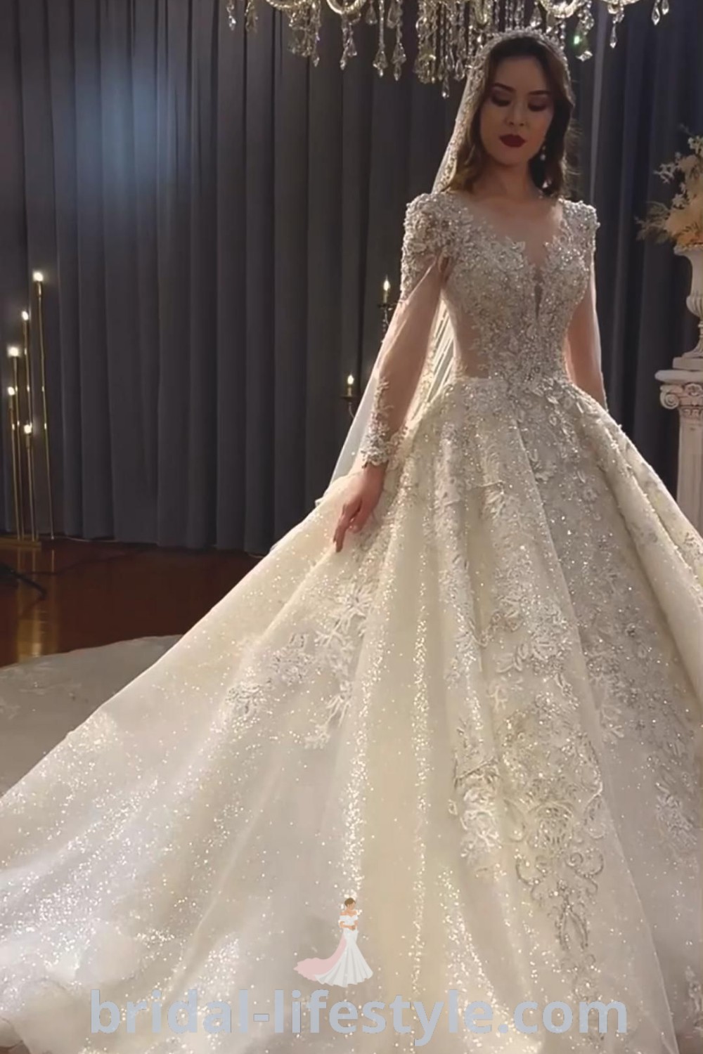 An elegant Turkish wedding dress featuring a puffy design and a chic bustle, embodying glamour and sparkle, perfect for brides seeking fancy wedding dresses. This stunning gown is a dream choice for every bride