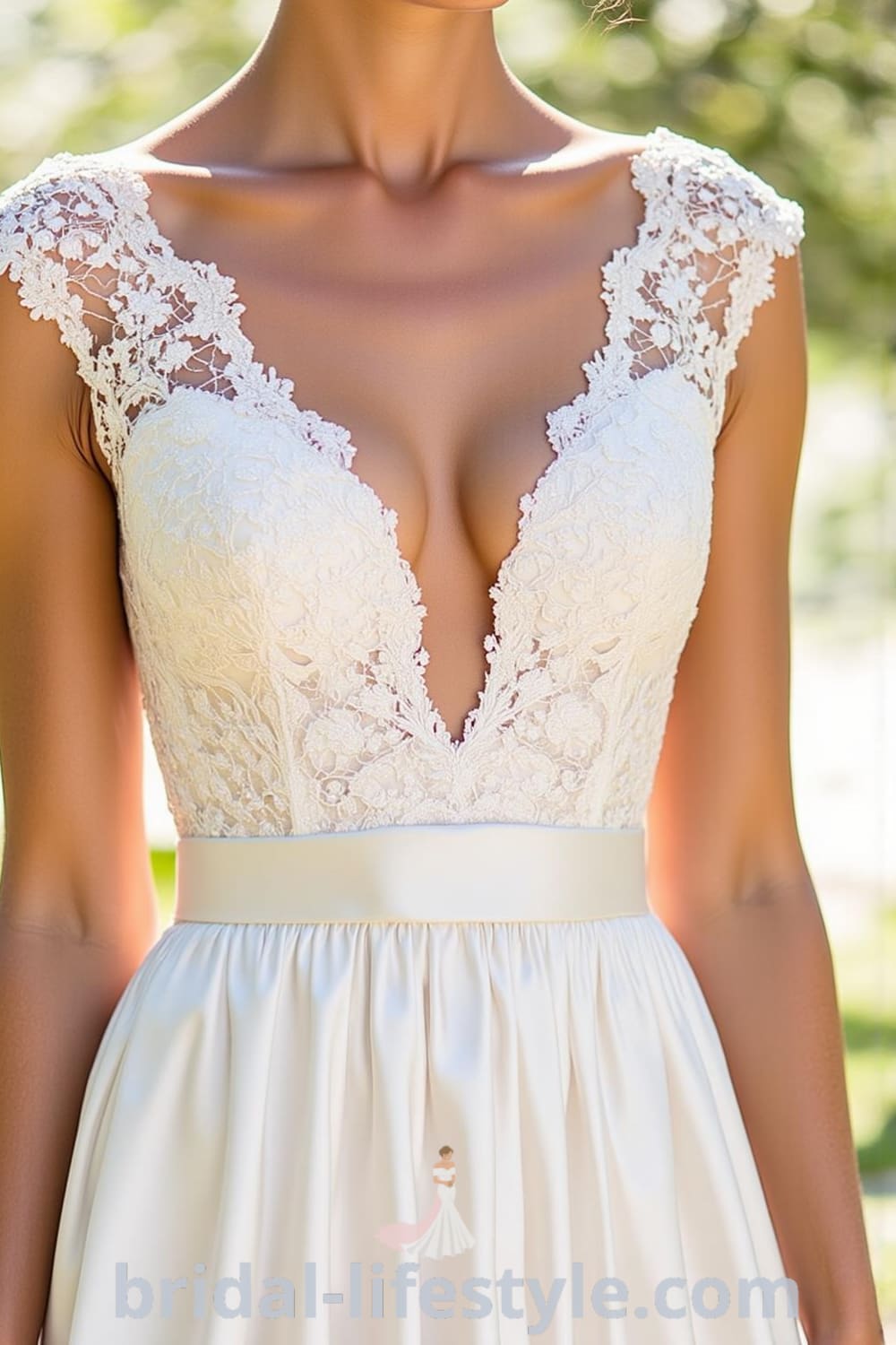 A-line wedding dress featuring a romantic V-neckline, elegantly draped satin skirt, intricate lace bodice with embroidery, and delicate cap sleeves. bridal-lifestyle.com