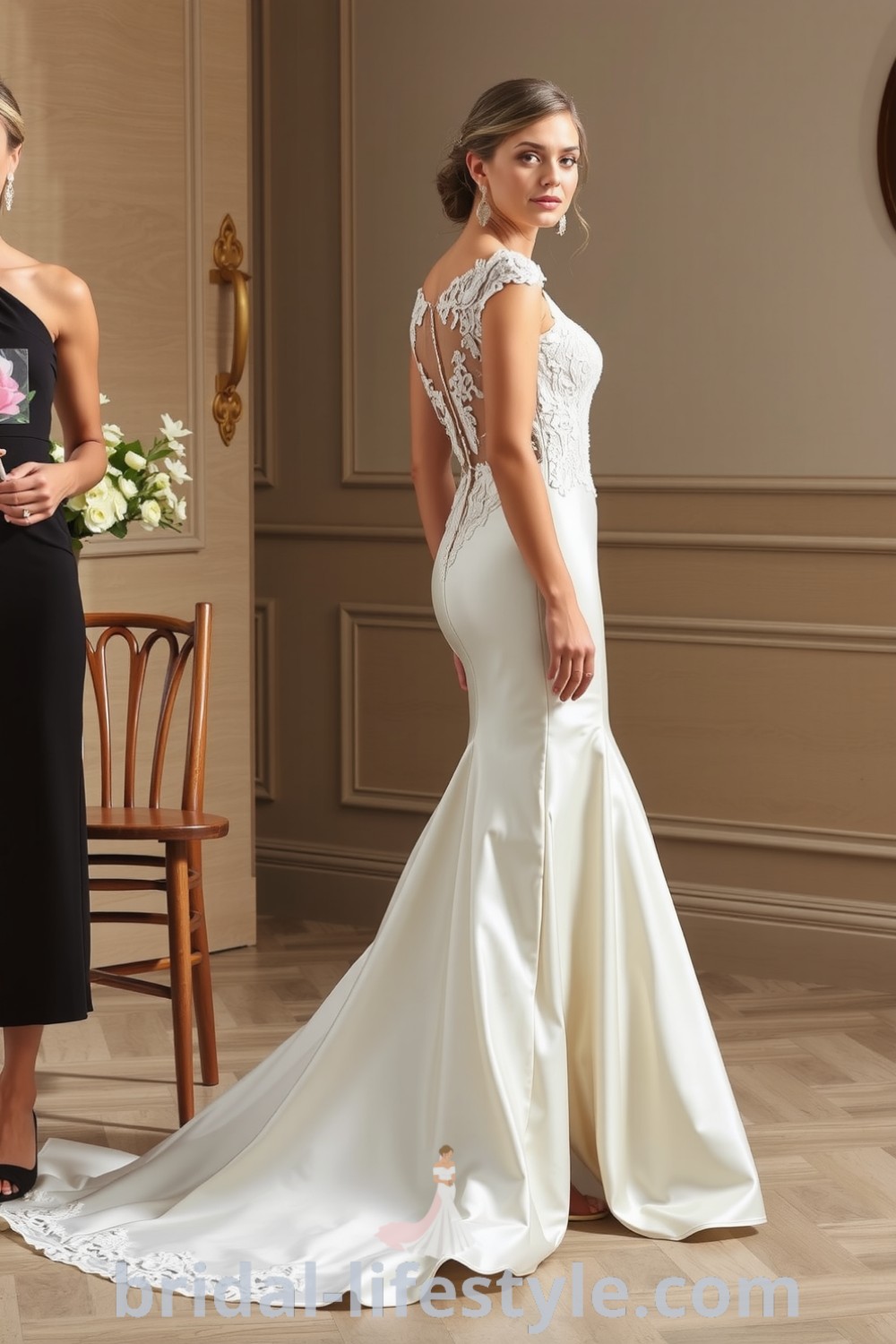 Elegant mermaid wedding dress made of luxurious satin with intricate lace detailing and a detachable skirt, perfect for modern brides. bridal-lifestyle.com