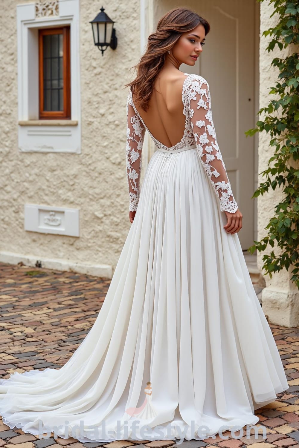 A-line wedding dress in luxurious satin with floral lace long sleeves, softly shaped neckline, satin belt at the waist, and a flowing train. bridal-lifestyle.com