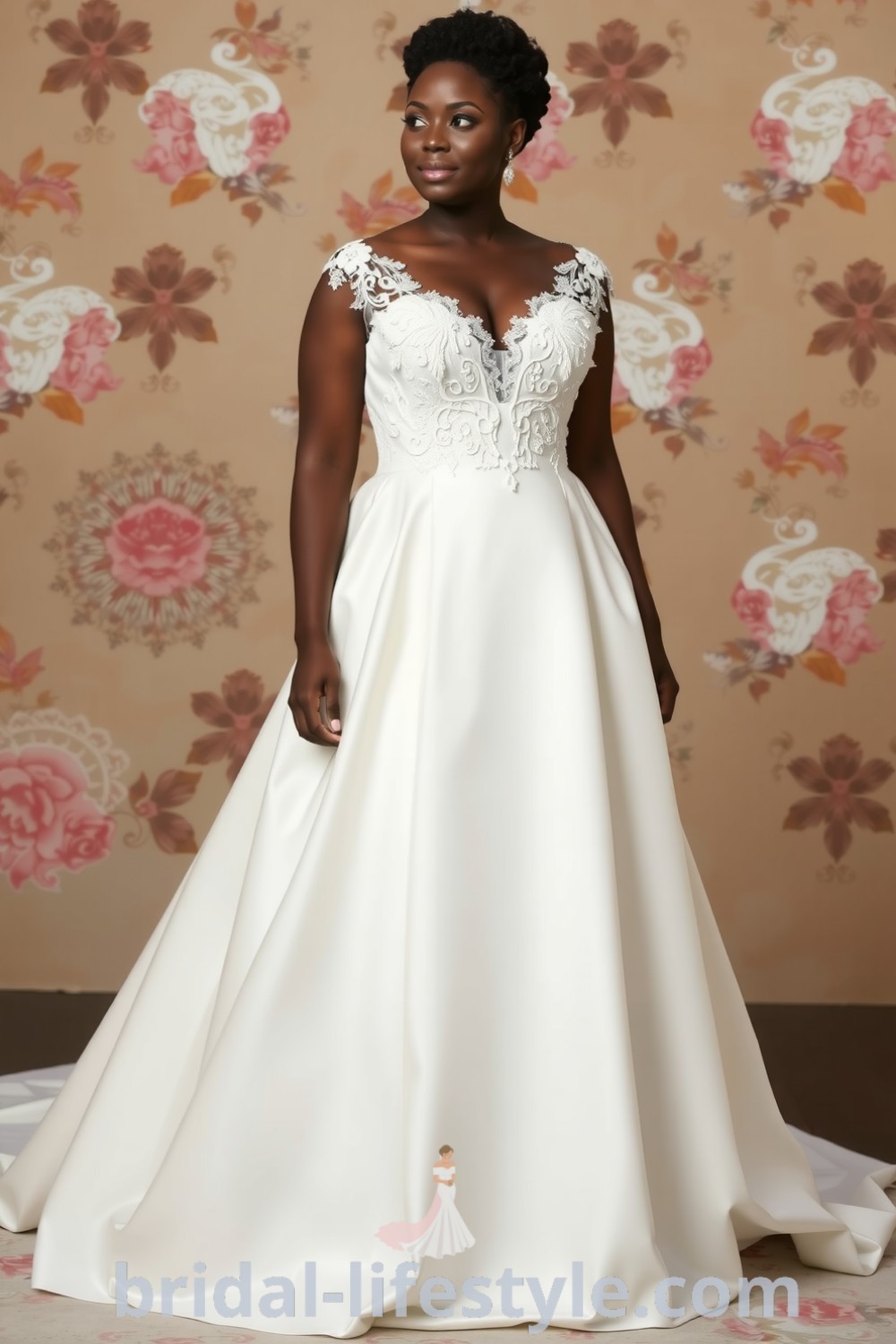 Plus-size A-line wedding dress in smooth satin with intricate lace appliqués and a flowing skirt, designed to enhance the bride