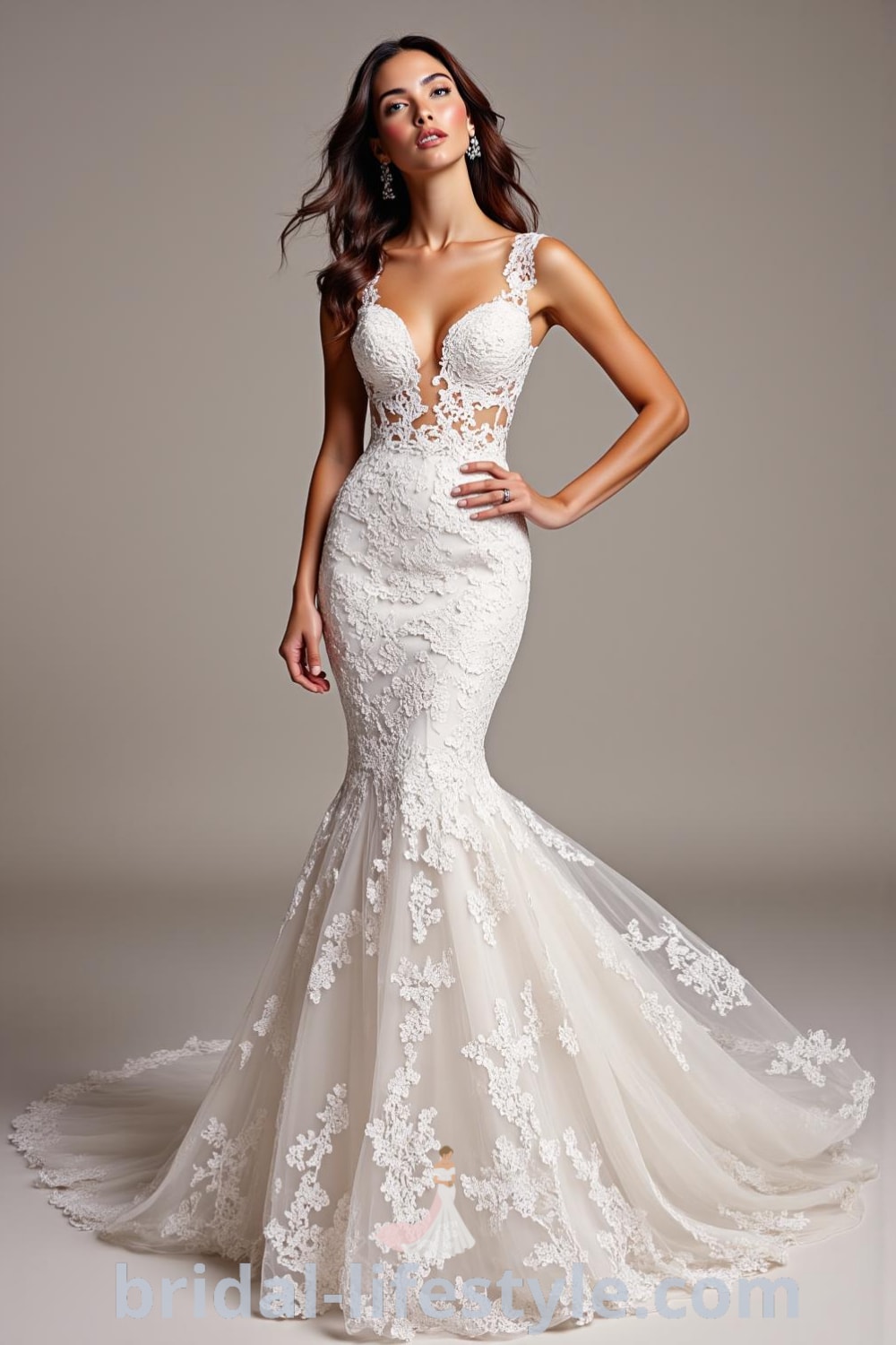 Mermaid wedding dress with intricate lace detailing, fitted bodice, sweetheart neckline, and a flared skirt with a subtle train. bridal-lifestyle.com