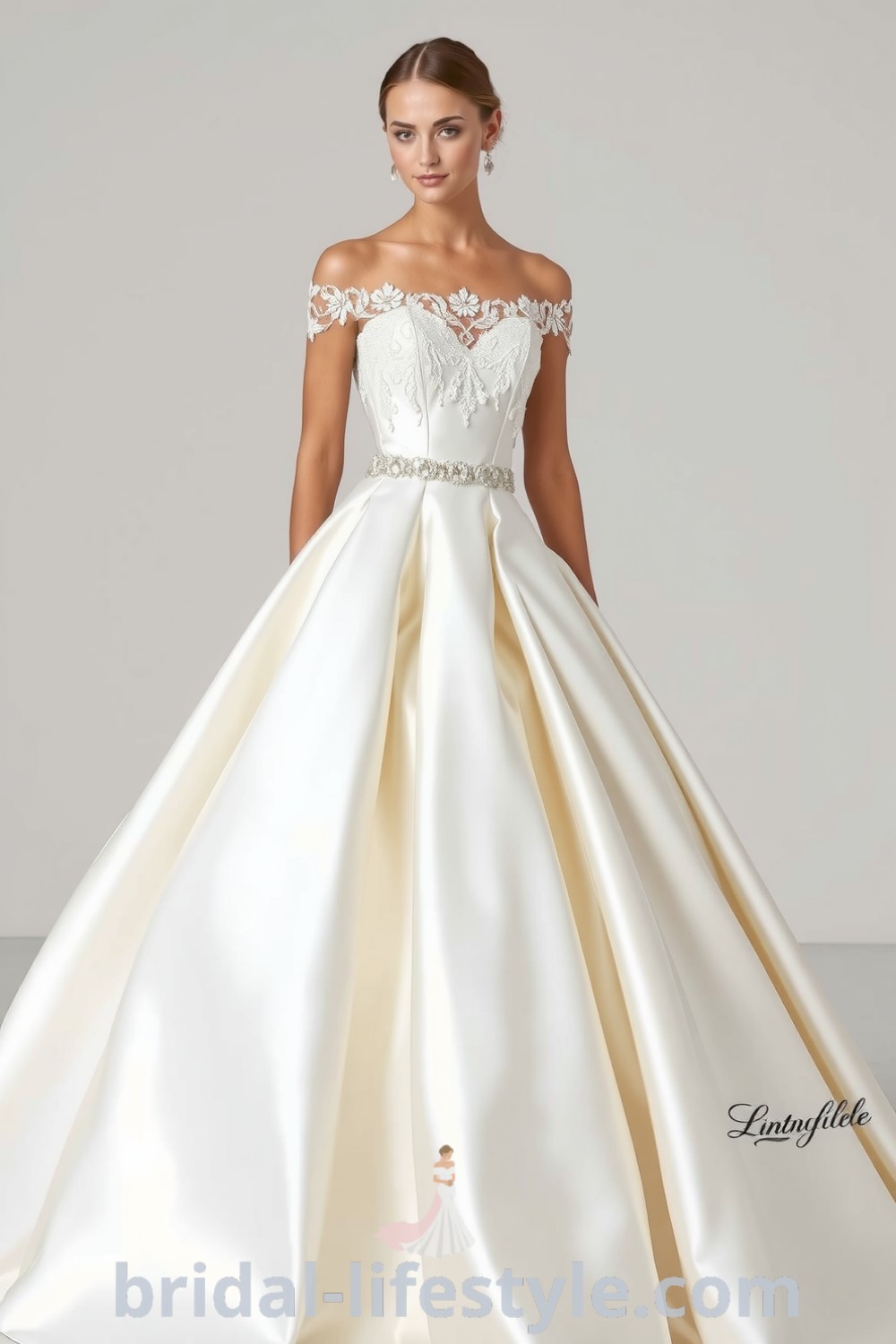 Elegant princess gown with fitted bodice, intricate lace detailing, voluminous satin skirt, and off-the-shoulder neckline, enhanced by delicate beadwork. bridal-lifestyle.com