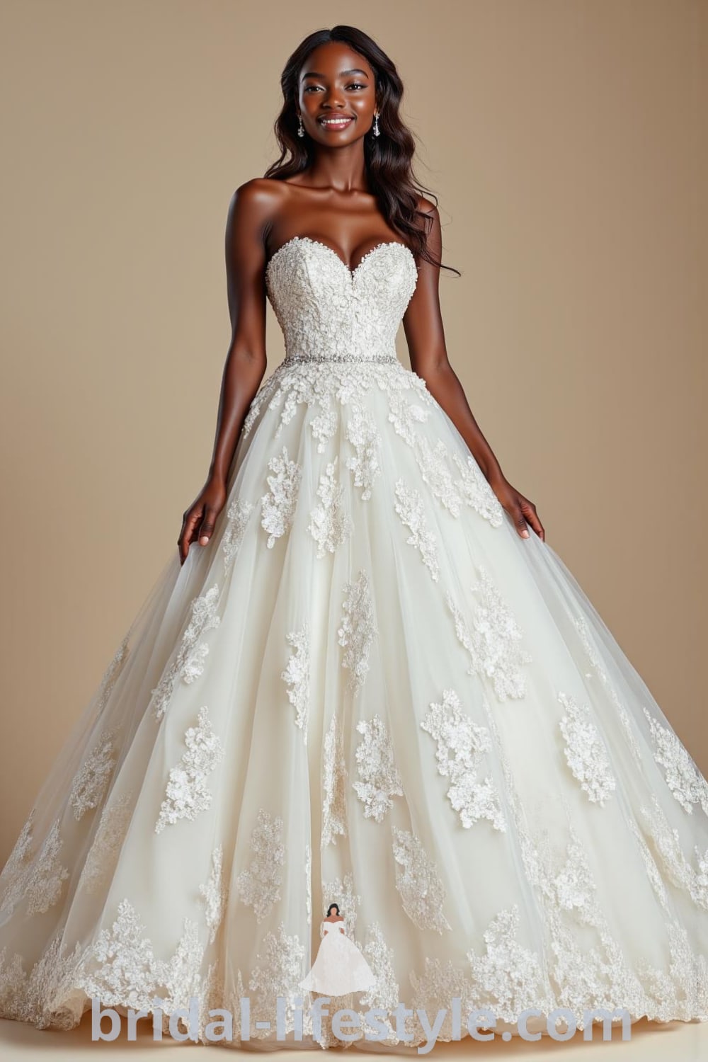 A Princess Glitter wedding dress made from shimmering tulle, featuring intricate lace appliqués, a voluminous skirt, sweetheart neckline, and sparkling embellishments. bridal-lifestyle.com