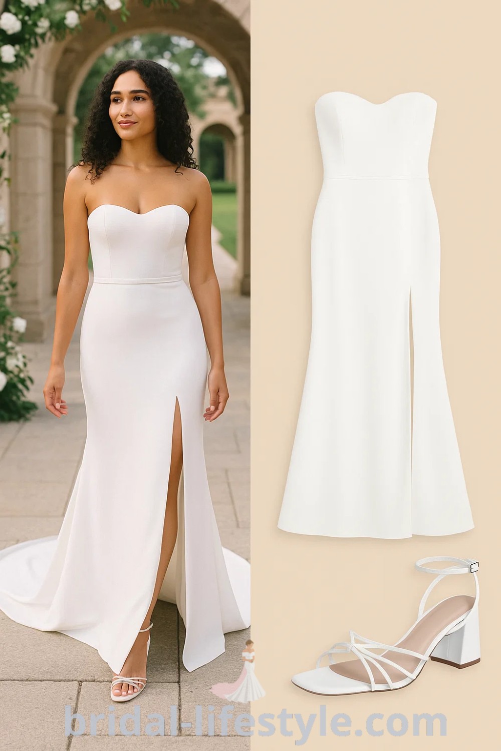 Sleek white Mermaid Simple Satin Dress with a strapless design and slit, accompanied by white strappy block heels, ideal for weddings, evening galas, or brunches, showcasing a timeless aesthetic. Explore more on pinshoesoutfits.com.