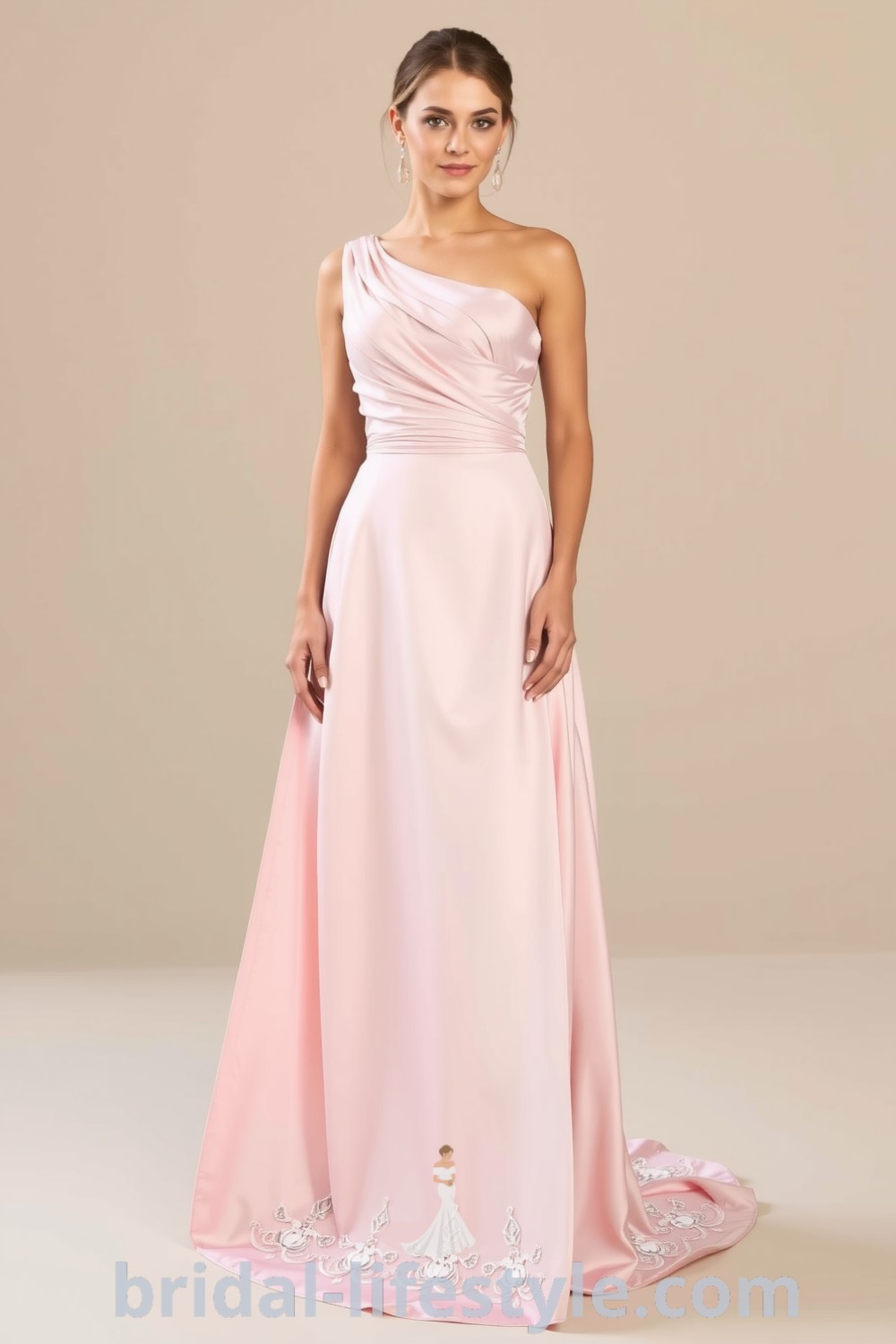 One-shoulder pink bridesmaid dress with satin fabric, intricate bodice ruching, softly flared skirt, and lace appliqués, offering inspiration looks for every bride