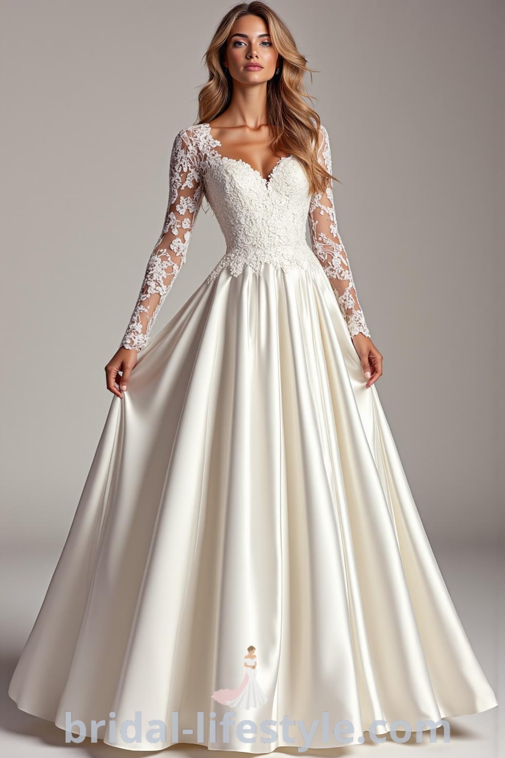 A-line wedding dress with sheer lace sleeves, elegant satin skirt, sweetheart neckline, and floral lace appliqués on the bodice. bridal-lifestyle.com