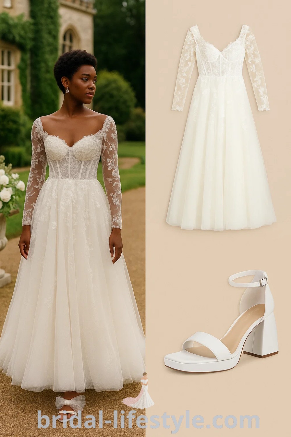 white A-Line Lace wedding dress with floral lace, fitted bodice, tulle skirt, and chunky heeled sandals, perfect for a romantic wedding, garden wedding, or formal event. Visit pinshoesoutfits.com for more inspiration.