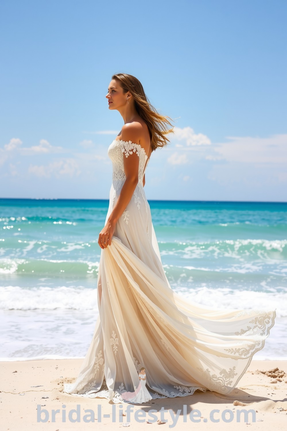 A stunning boho beach wedding dress with off-the-shoulder design, floral appliqués, and a flowing skirt, perfect for dreamy brides and elegant seaside ceremonies. bridal-lifestyle.com