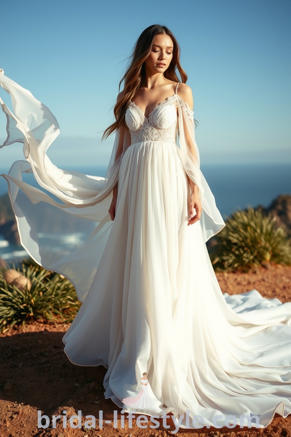 Boho wedding dress with ethereal chiffon layers, intricate lace bodice, fluttering skirt, off-the-shoulder sleeves, and billowing train. bridal-lifestyle.com